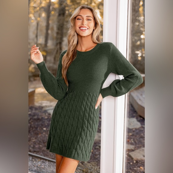 NEW Cupshe Green Long Sleeve Cable Knit Mini Dress Size Small - Picture 8 of 10
